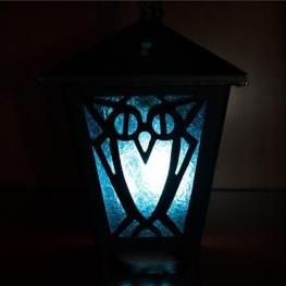 Blue Bryn Mawr lantern with owl design